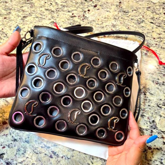 NEW Christian Louboutin Mini Mouchara Black Leather Bag with Silver Grommets